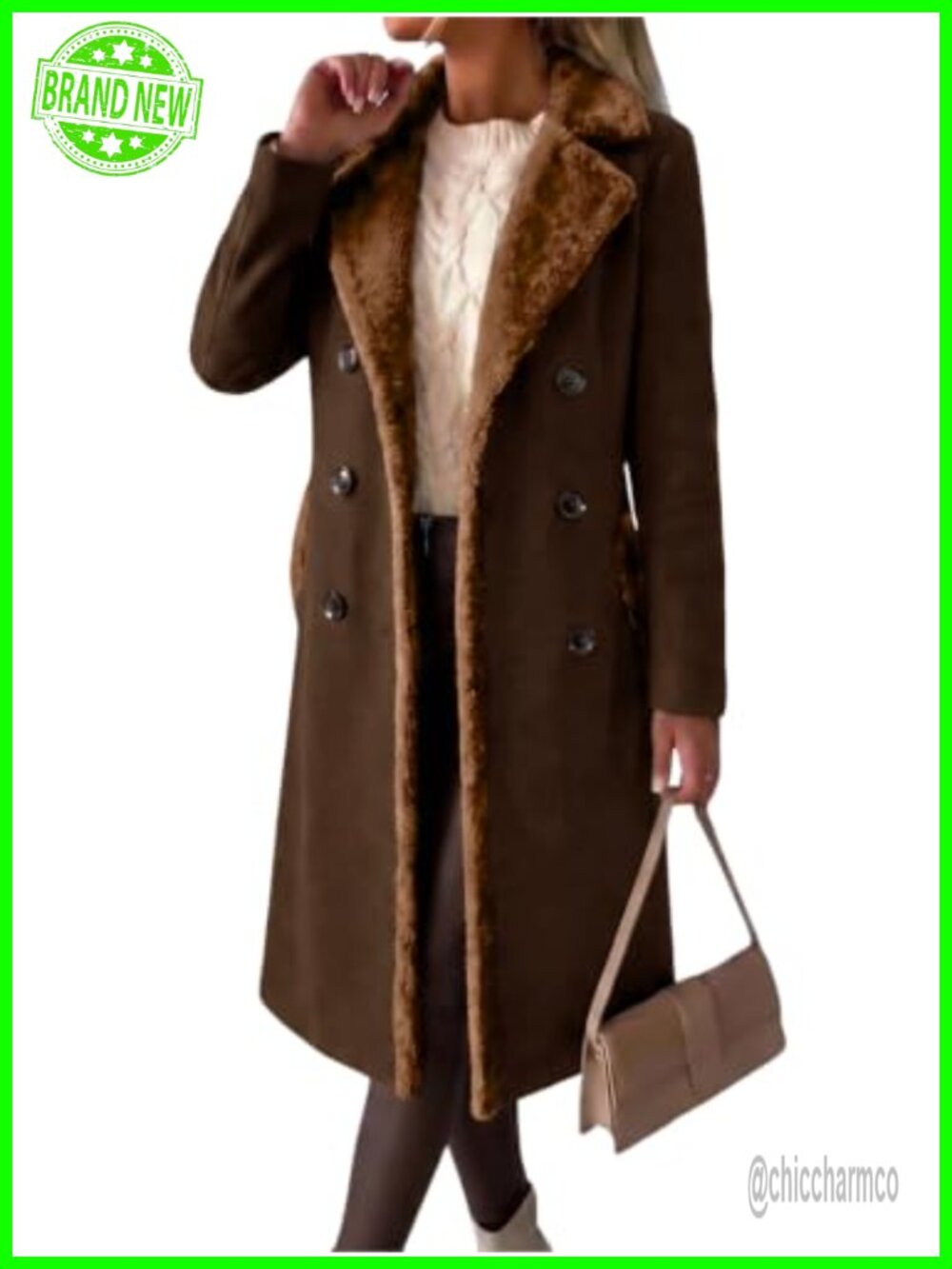 Wool Peacoat Double Breasted Long Fur Collar Coat Slim Fit Winter Overcoat